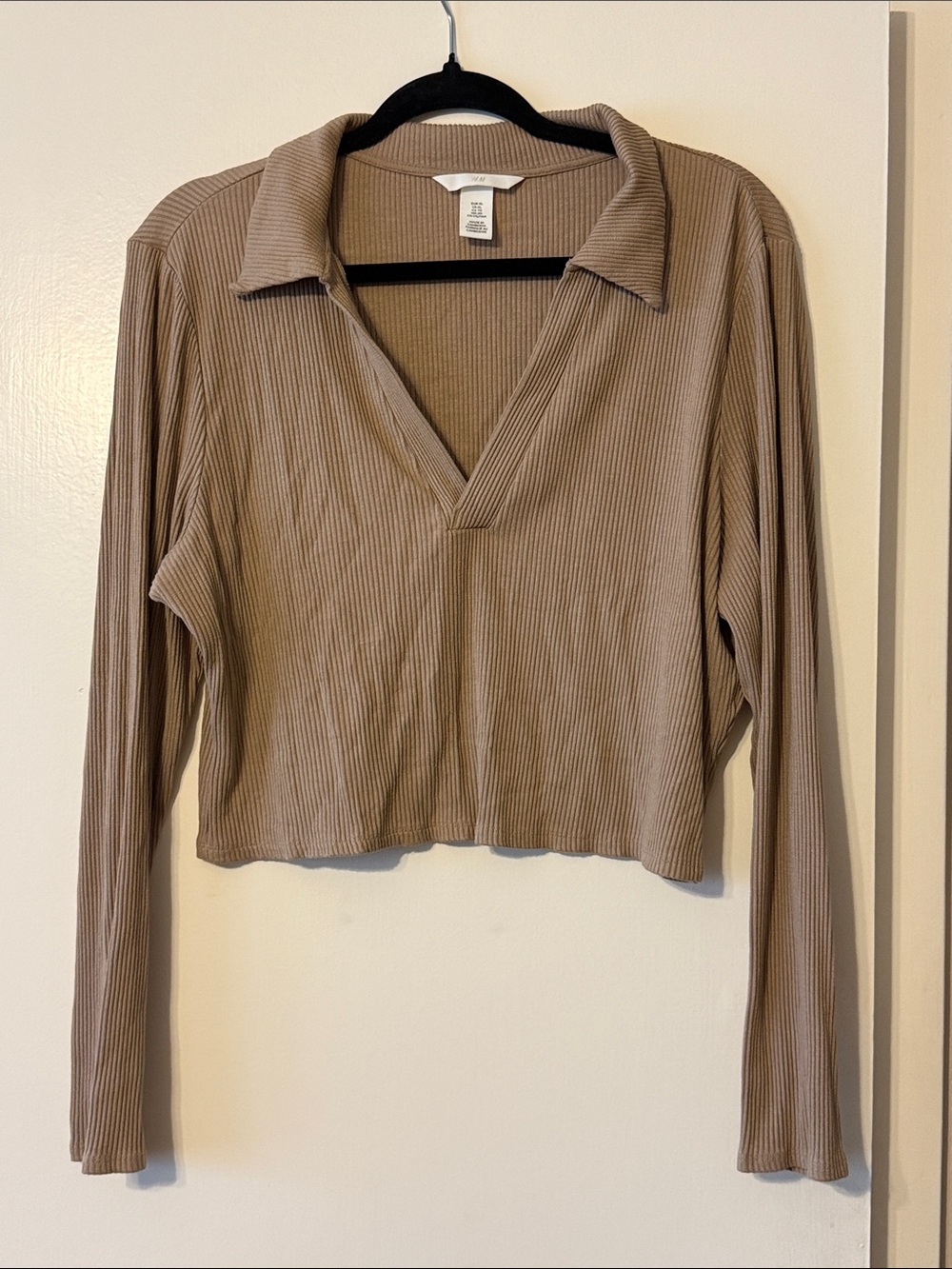 H&M Taupe Ribbed Long-Sleeve Polo Top
